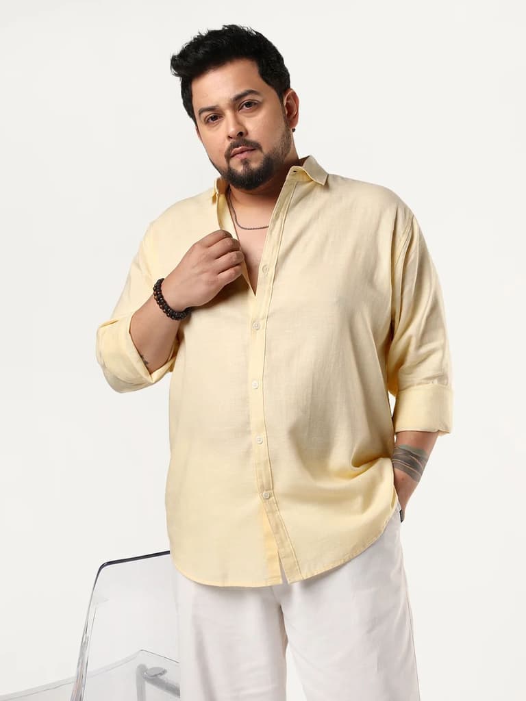 Plus Men's Tender Yellow Linen Blend Full Sleeve Relaxed Fit Casual Solid Shirt — photo 2