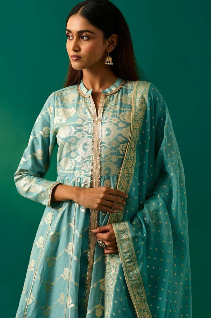 Aqua Green Zari Embroidered Jacquard Anarkali and Dupatta Set — photo 5