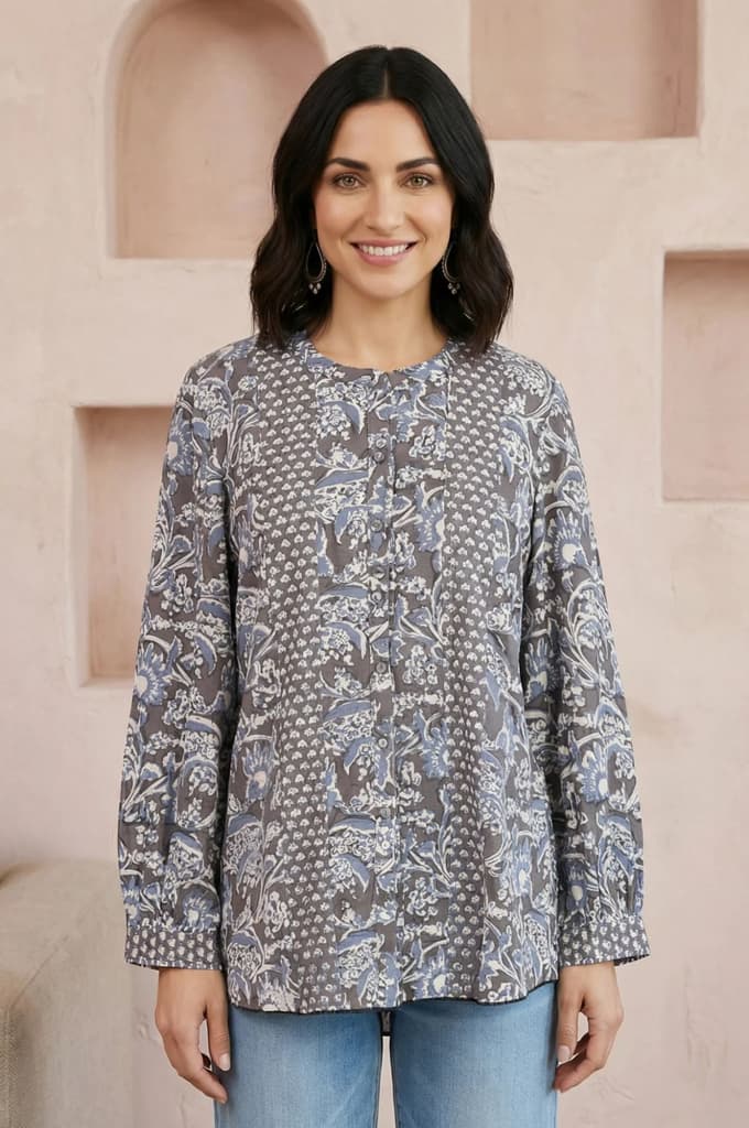 Grey Floral Rayon Straight Top — XS