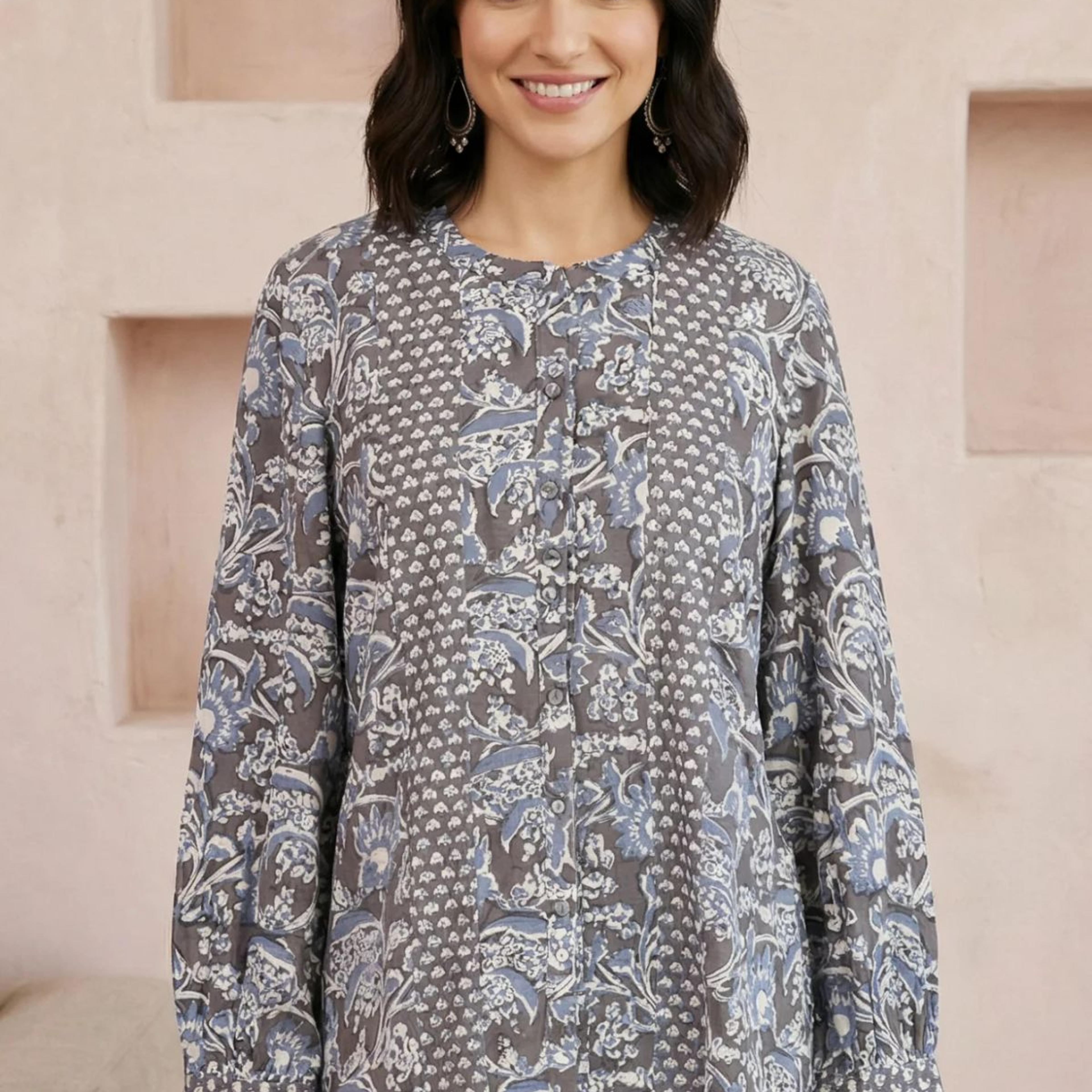 Grey Floral Rayon Straight Top