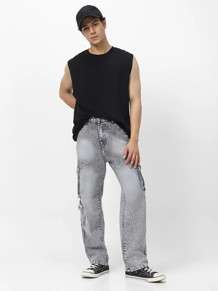 Men's Ice Grey Loose Fit Cargo Jeans With 7 Pockets Non Stretchable — photo 4