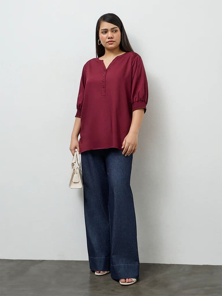Gia Wine Smocked Detail Blouse — photo 2