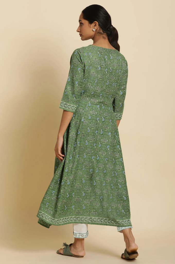 Green Floral Printed Embroidered Anarkali Kurta with Straight Pant Set — photo 3