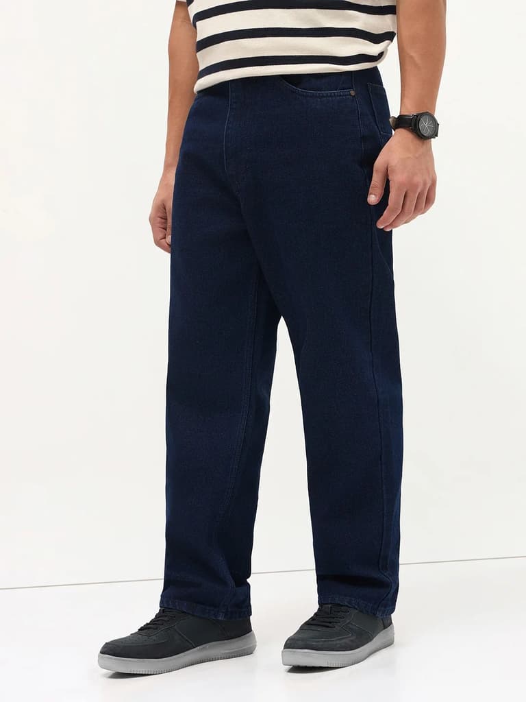 Men's Dark Blue Loose Baggy Fit Raw Washed Denim Jeans Non-Stretchable — photo 3