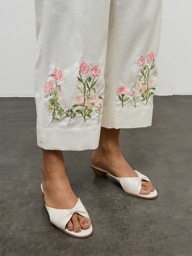 Utsa Off-White Floral Embroidered Cotton-Blend Pants — photo 3