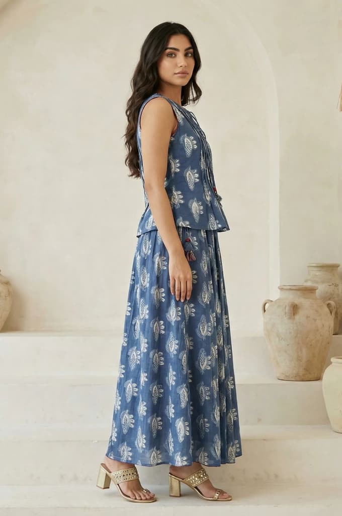 Blue Floral Printed Tassel Pure Cotton Top with Flared Skirt Set — photo 5