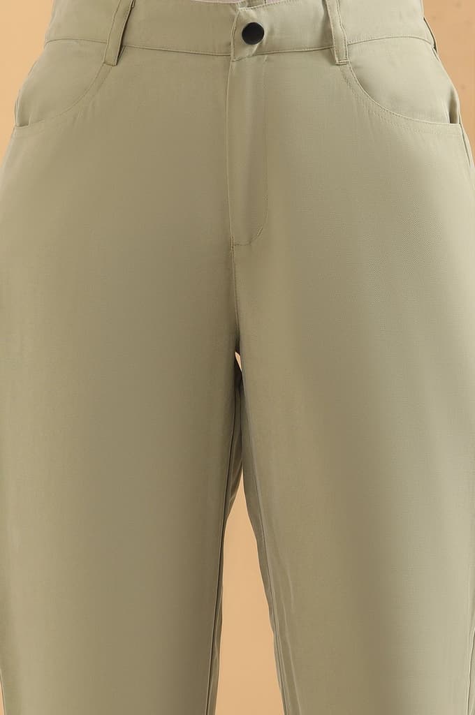Green Solid Straight Fit Woven Pants With Belt Loops — photo 6