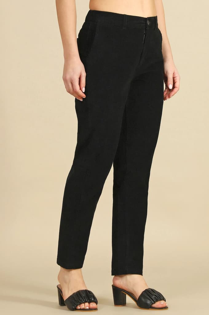Black Solid Straight Fit Cotton Pants with YKK Zipper — photo 6