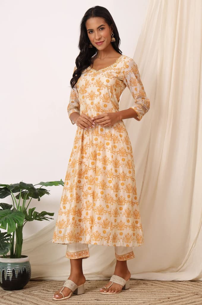 Cream and Yellow Printed Chanderi Anarkali Kurta, Pants and Dupatta Set — photo 4
