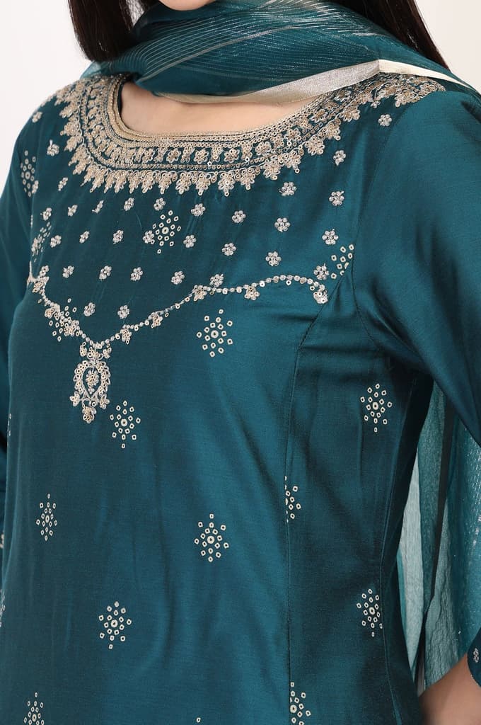 Teal Embroidered Straight Kurta with Straight Pants and Dupatta Set — photo 3