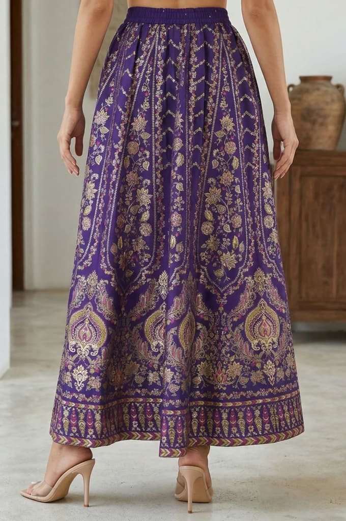 Purple Ethnic Motifs Crepe Wide Leg Ankle Length Skirt — photo 3