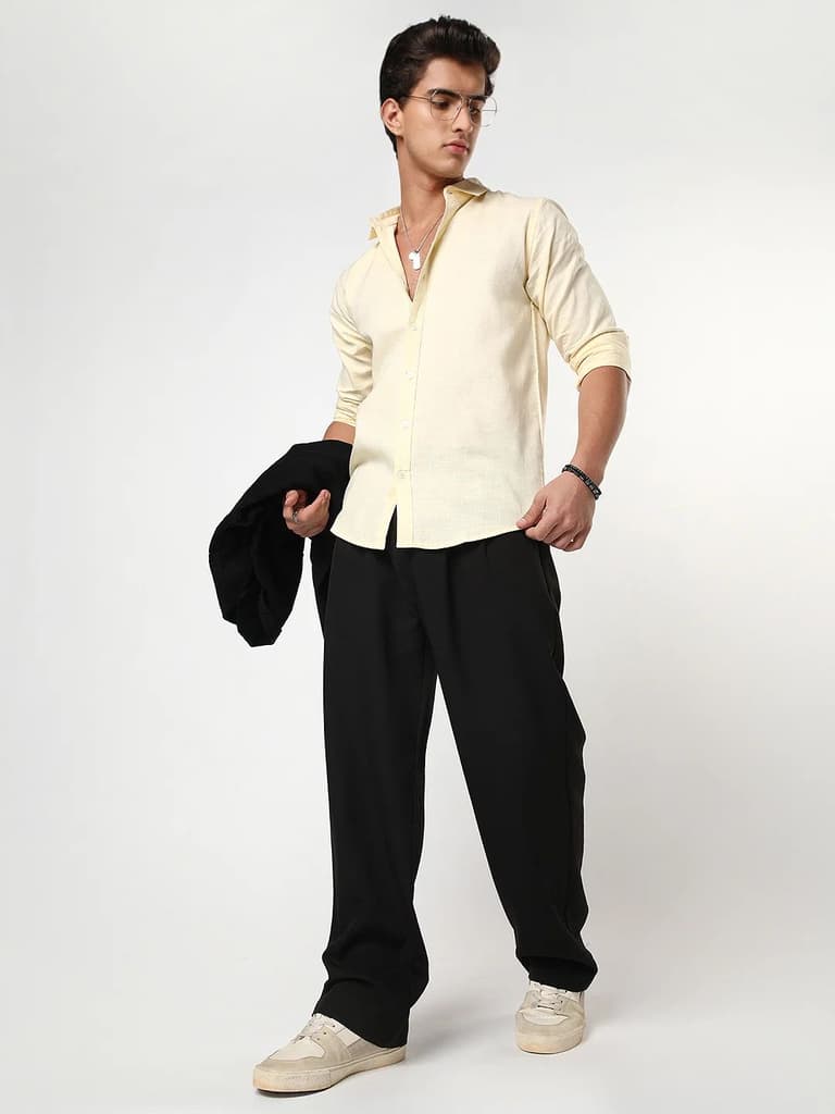 Men's Tender Yellow Linen Blend Full Sleeve Relaxed Fit Casual Solid Shirt — photo 4
