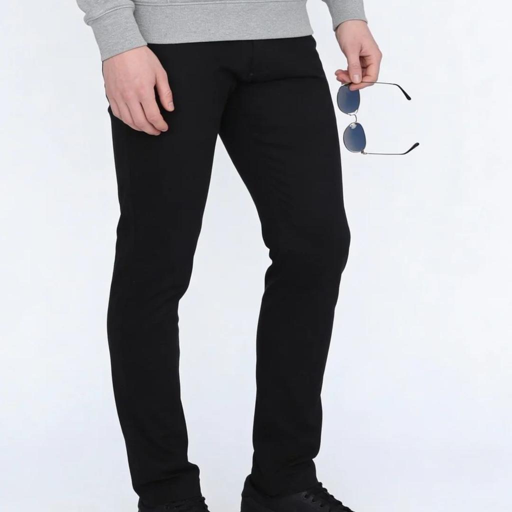 Men's Black Straight Fit Mid Rise Cotton Casual Chinos Trousers Stretch