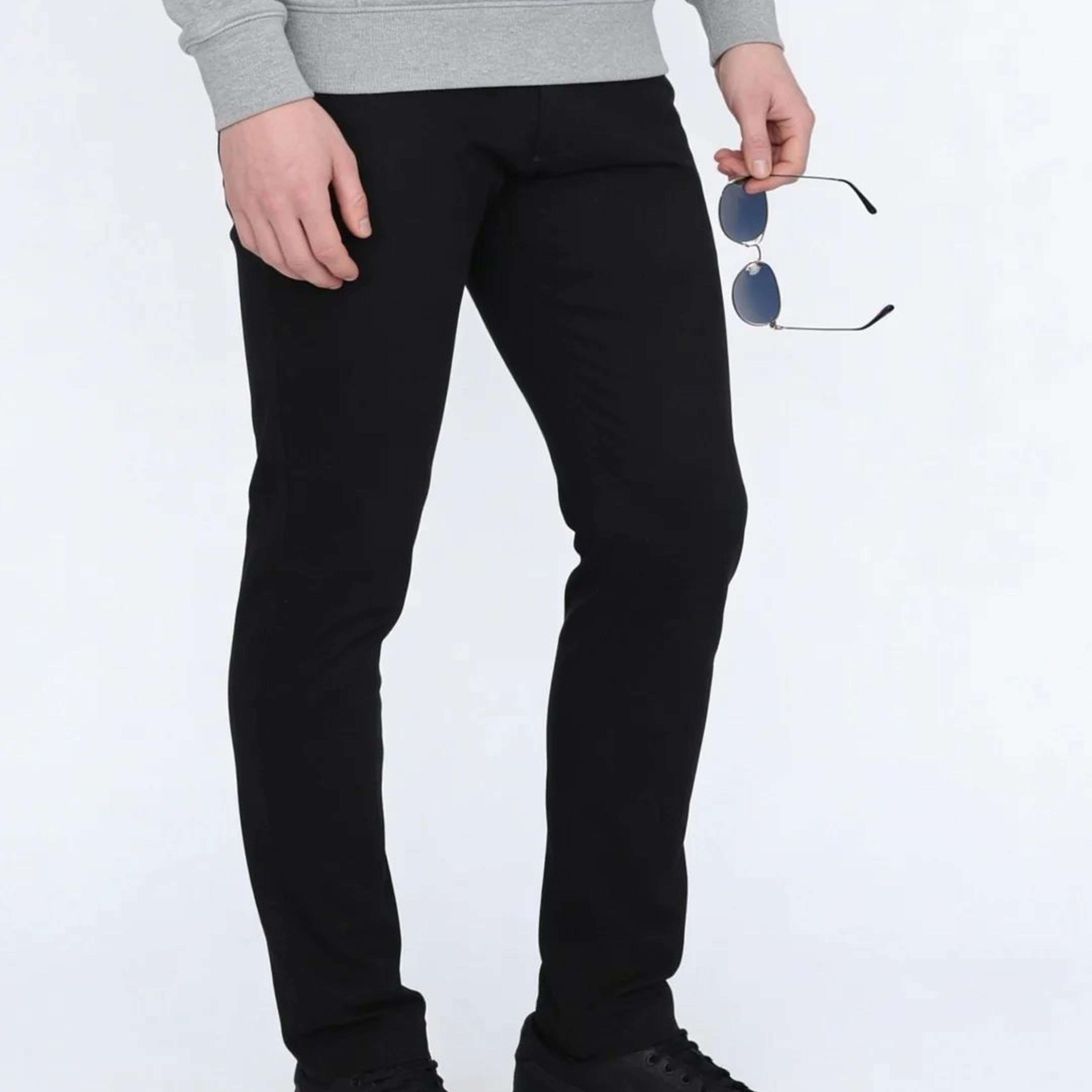 Men's Black Straight Fit Mid Rise Cotton Casual Chinos Trousers Stretch