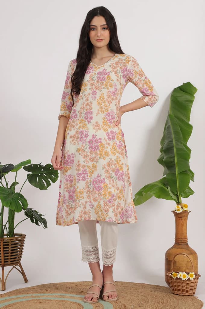 White Floral Printed Pure Cotton Straight Kurta — photo 2