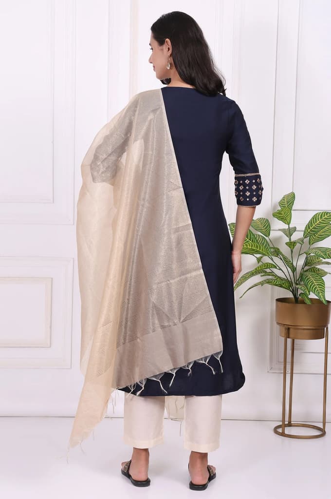 Navy Blue Embroidered Straight Kurta and Pants Set with Dupatta — photo 5