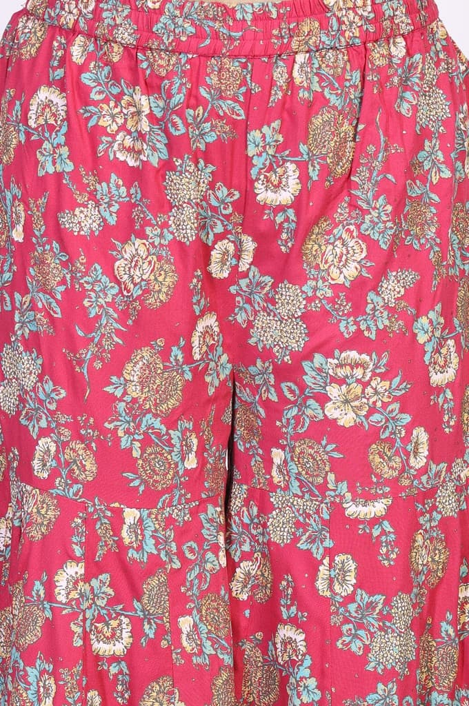 Pink Floral Printed Lace Trim Flared Rayon Kurta with Sharara and Dupatta Set — photo 8