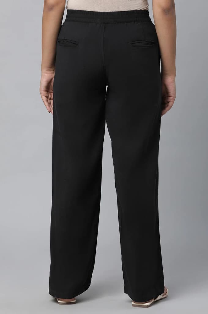 Black Solid Straight Fit Woven Pants With Pintuck Detail — photo 2