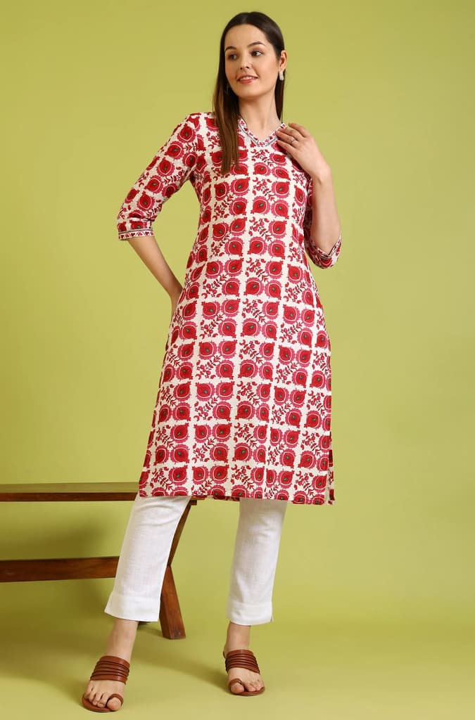 Floral Printed Straight Pure Cotton Kurta with Border Patch — photo 3