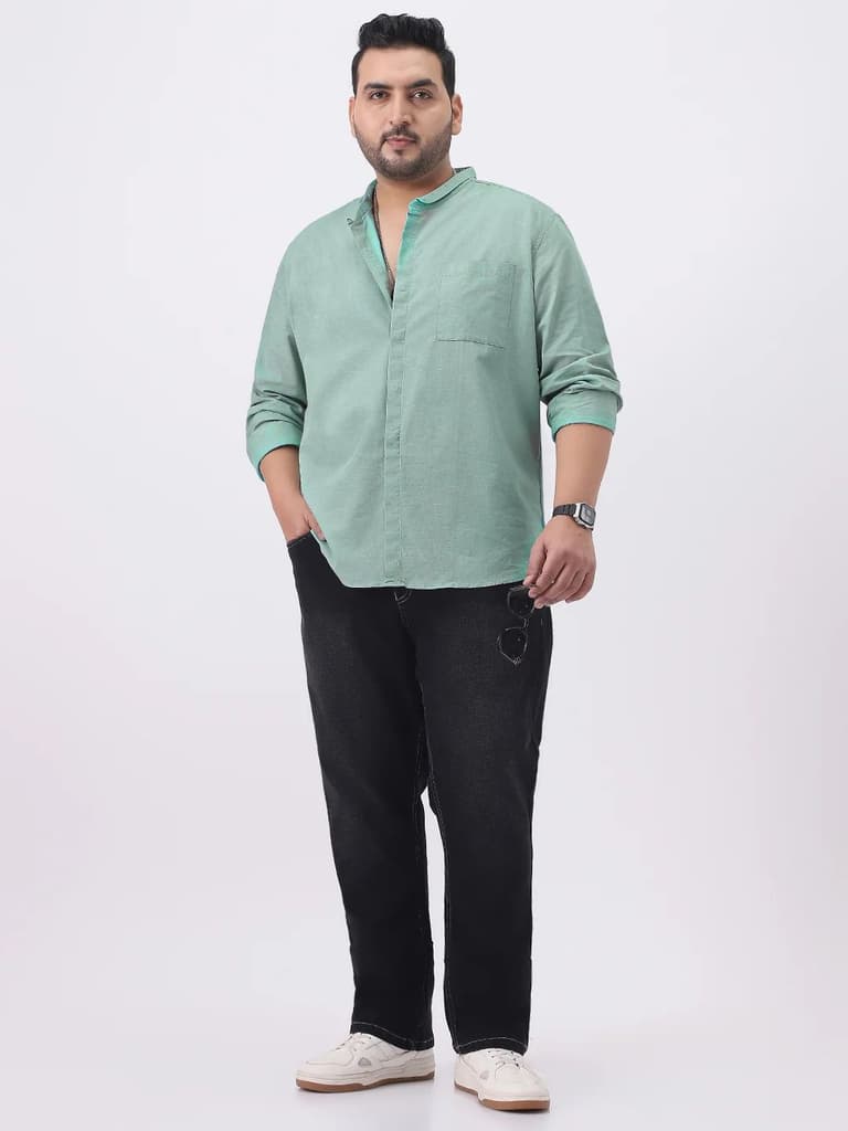 Plus Men's Mint Cotton Full Sleeve Regular Fit Casual Solid Shirt with Band Collar — photo 4