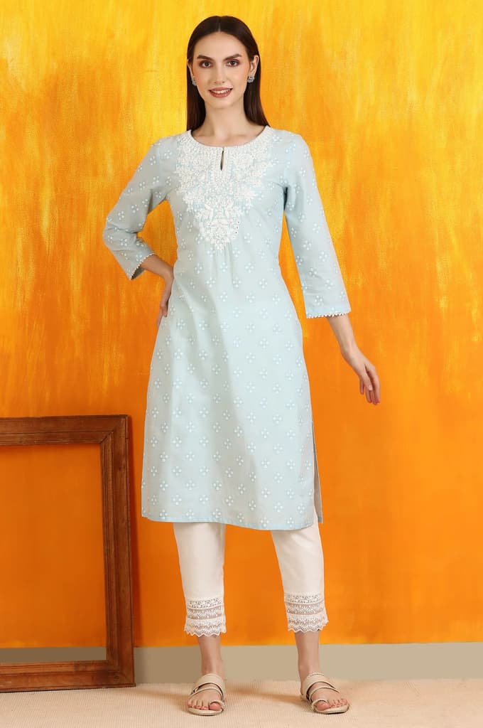 Light Blue Printed Pure Cotton Straight Kurta with Embroidery — photo 3