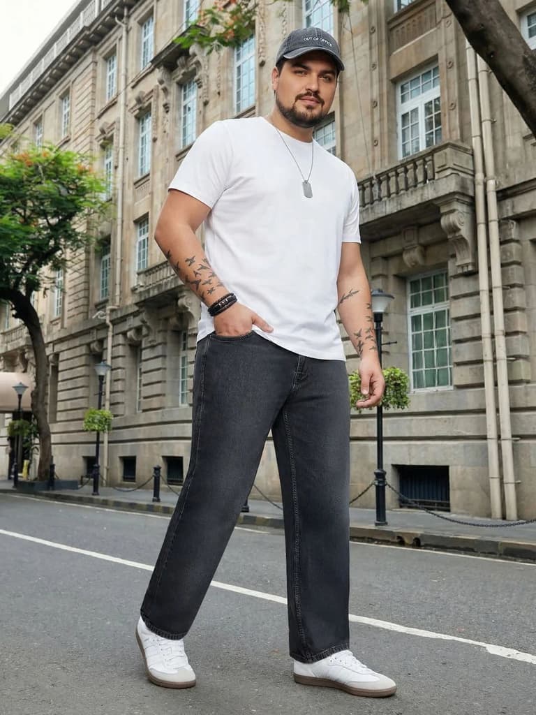 Plus Men's Grey Relaxed Fit Washed Denim Jeans Non-Stretchable — photo 4