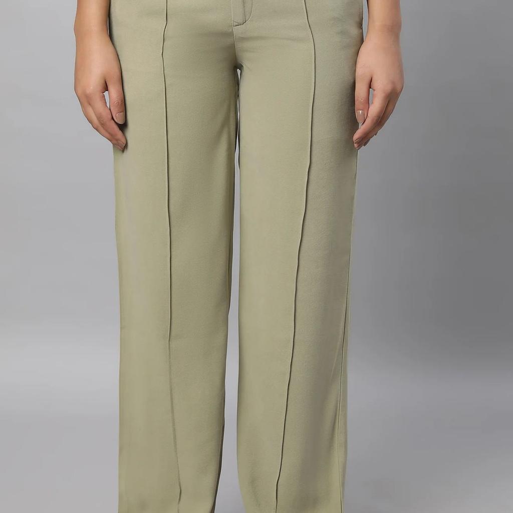 Muted Sage Green Solid Straight Fit Woven Pants With Pintuck Detail