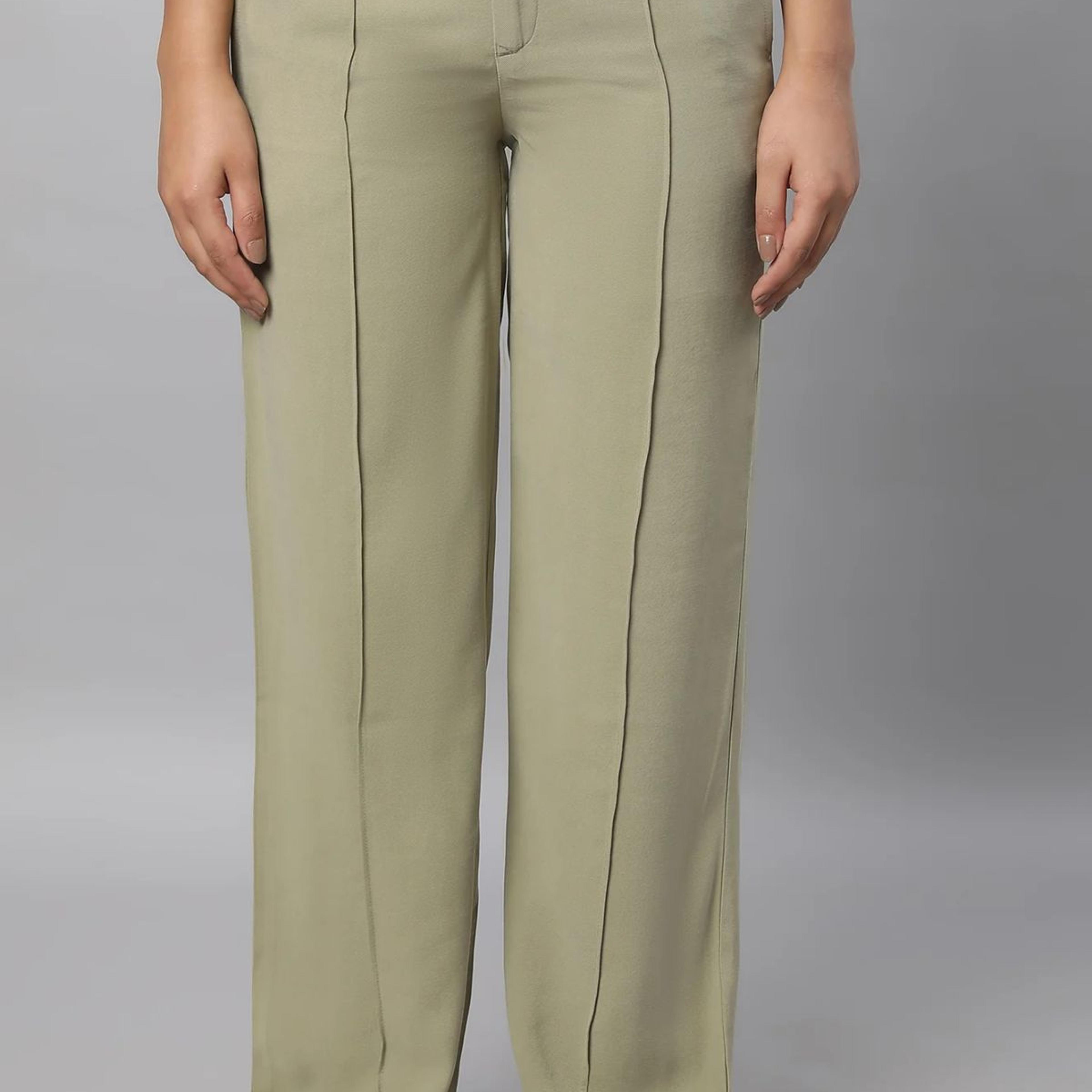 Muted Sage Green Solid Straight Fit Woven Pants With Pintuck Detail