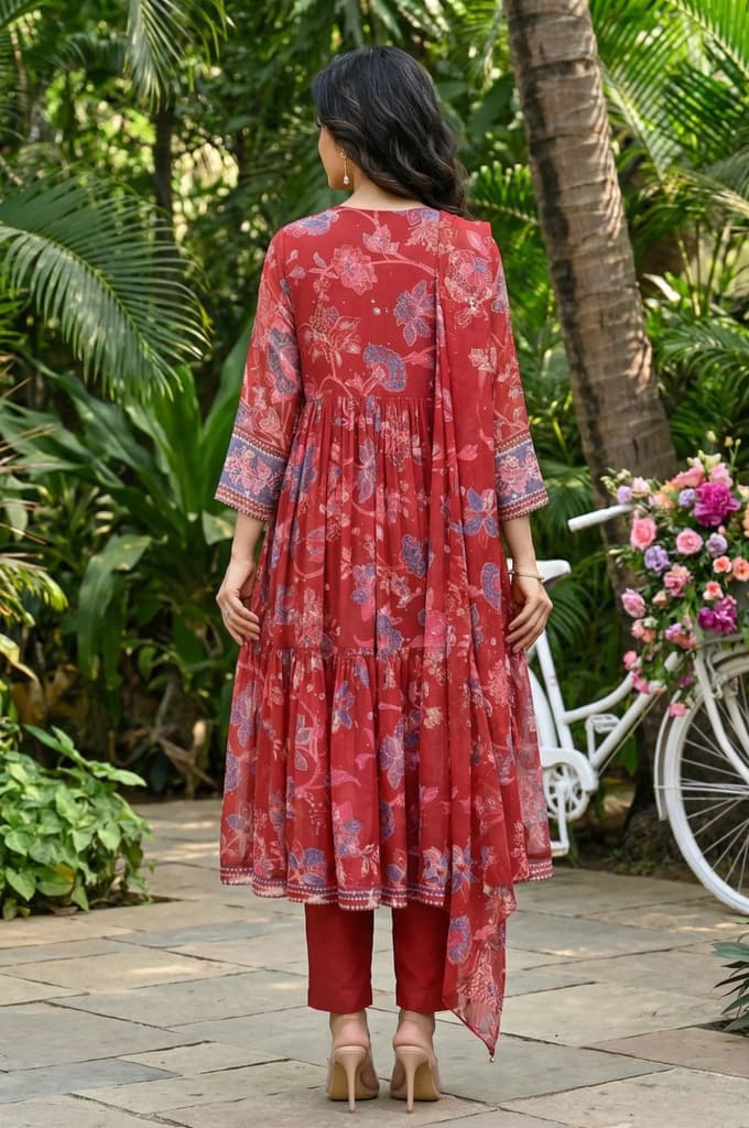 Red Floral Printed Chiffon Flared Kurta with Straight Pants and Dupatta Set — photo 5
