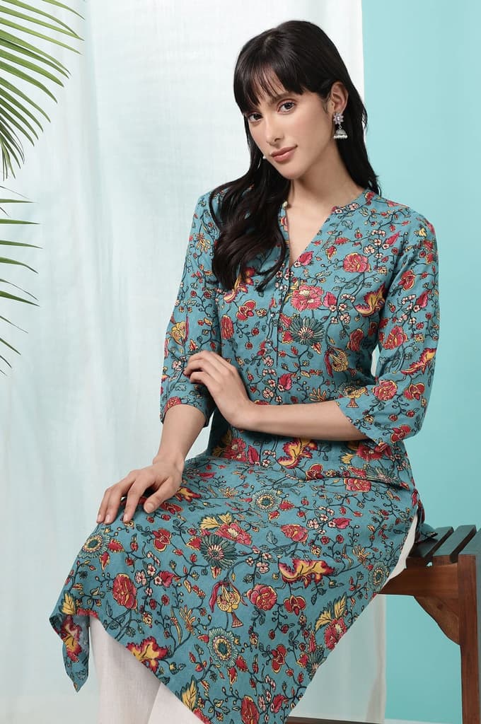 Teal Blue Floral Printed Straight Kurta — photo 2