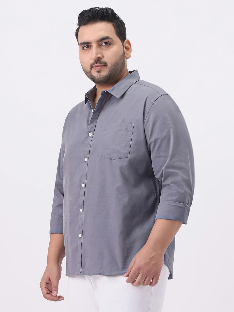 Plus Men's Grey Cotton Full Sleeve Regular Fit Casual Solid Slub Shirt with Spread Collar — photo 2