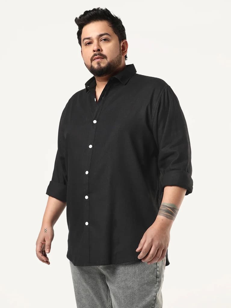 Plus Men's Black Linen Blend Full Sleeve Relaxed Fit Casual Solid Shirt — photo 2
