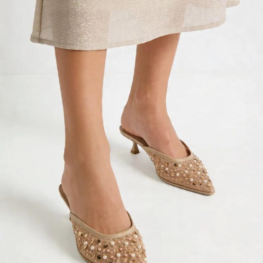 LUNA BLU Beige Embellished Kitten-Heel Mules