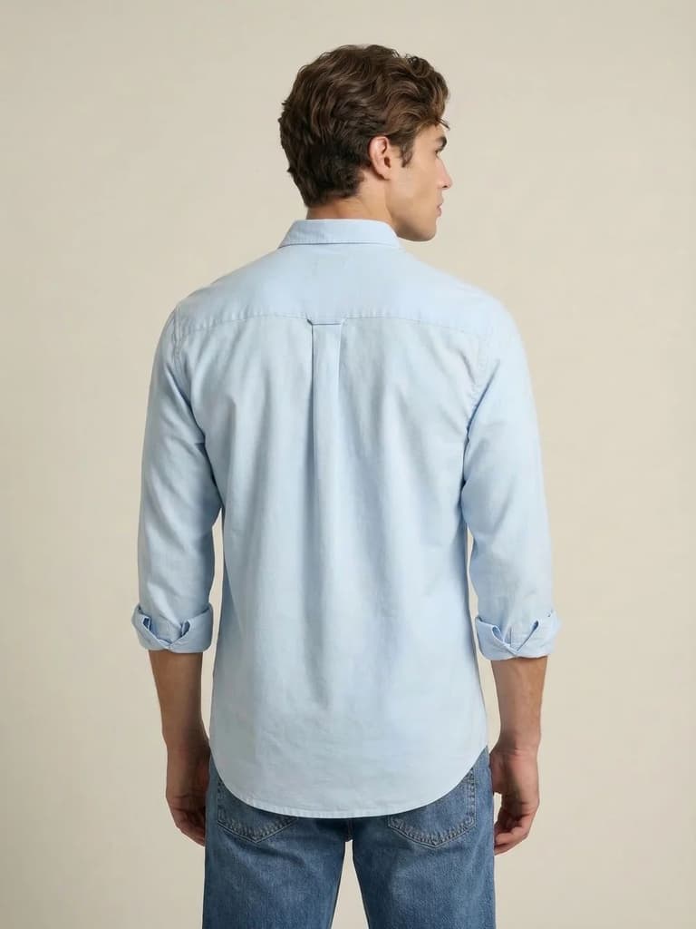 Men's Light Blue Cotton Full Sleeve Regular Fit Solid Oxford Shirt With Button-Down Collar — photo 3