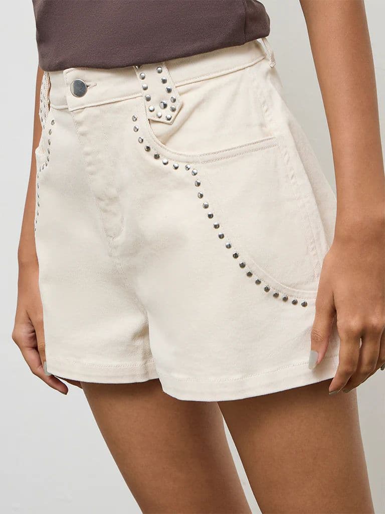 Nuon Beige Stud-Detailed High-Rise Denim Shorts — photo 3