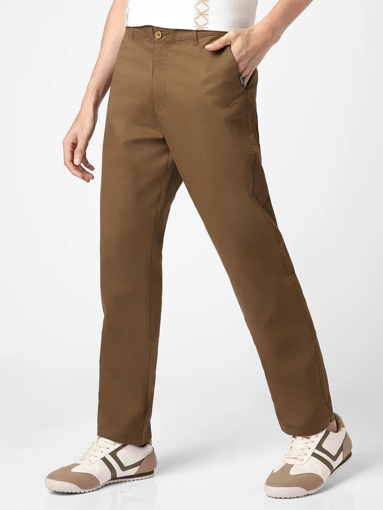 Men's Brown Cotton Regular Fit Casual Chinos Trousers Stretch — photo 2