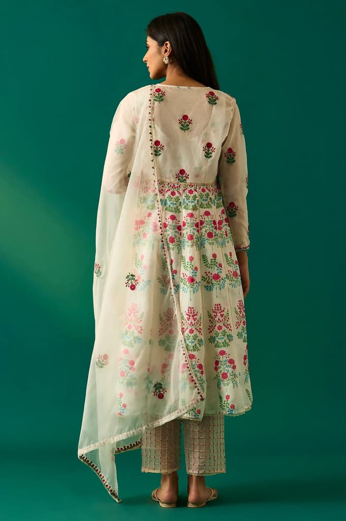 Off-White Floral Embroidered Anarkali Kurta with Straight Pant and Dupatta Set — photo 4