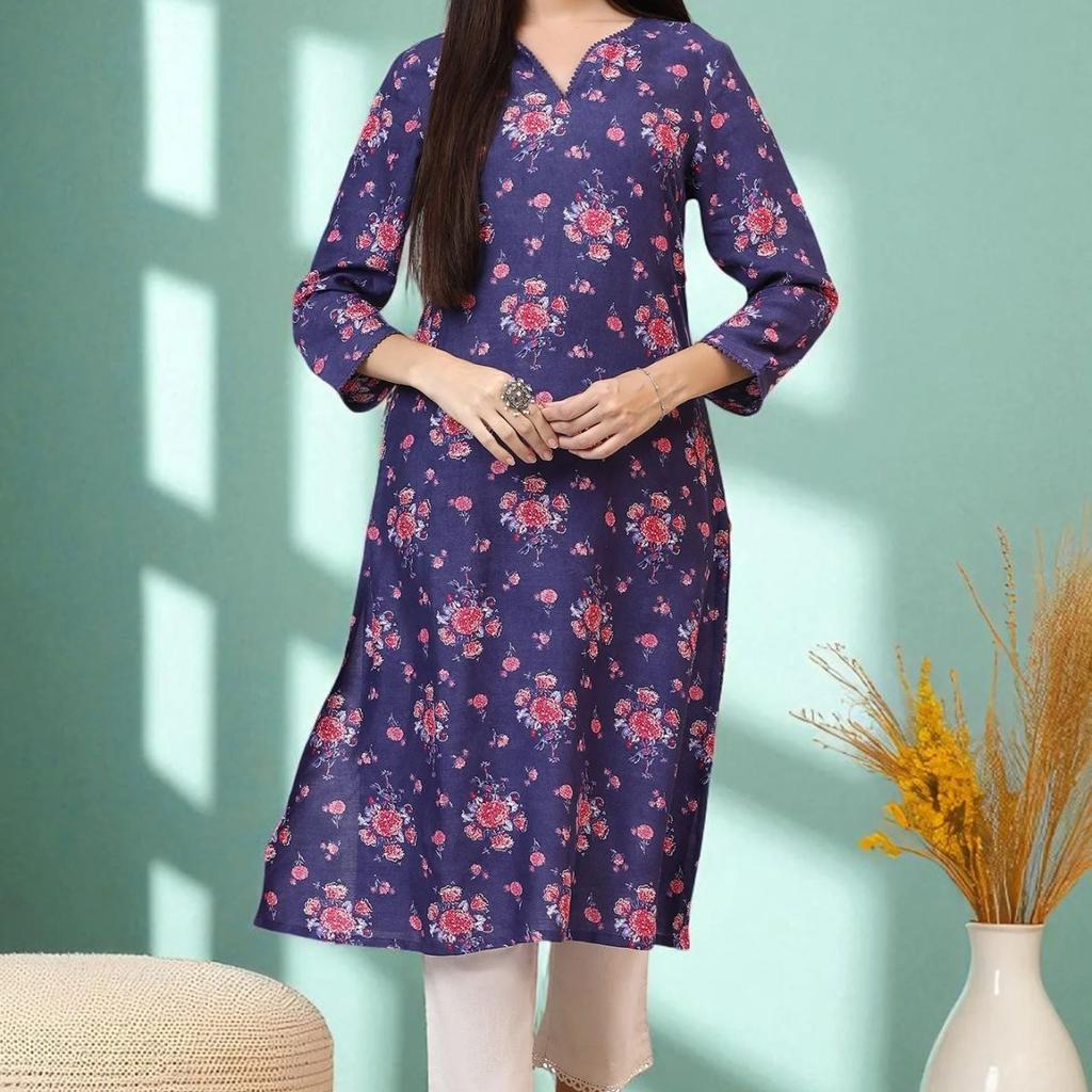 Purple Floral Printed Straight Kurta with Lace