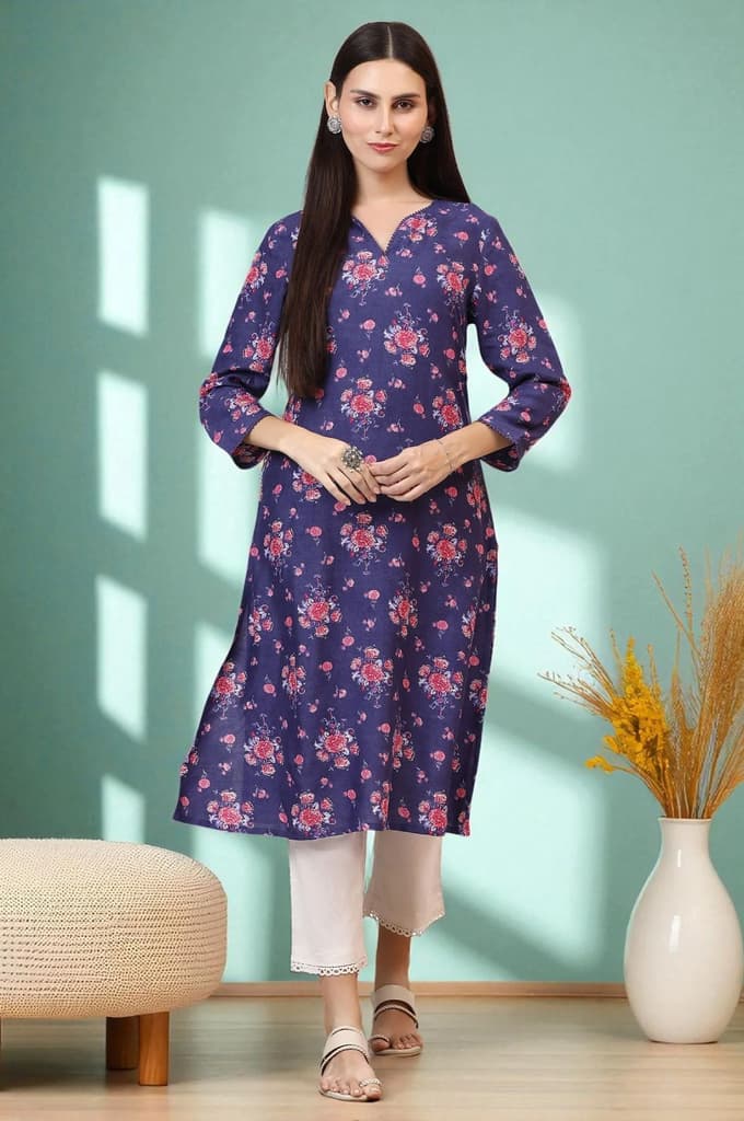 Purple Floral Printed Straight Kurta with Lace — XS