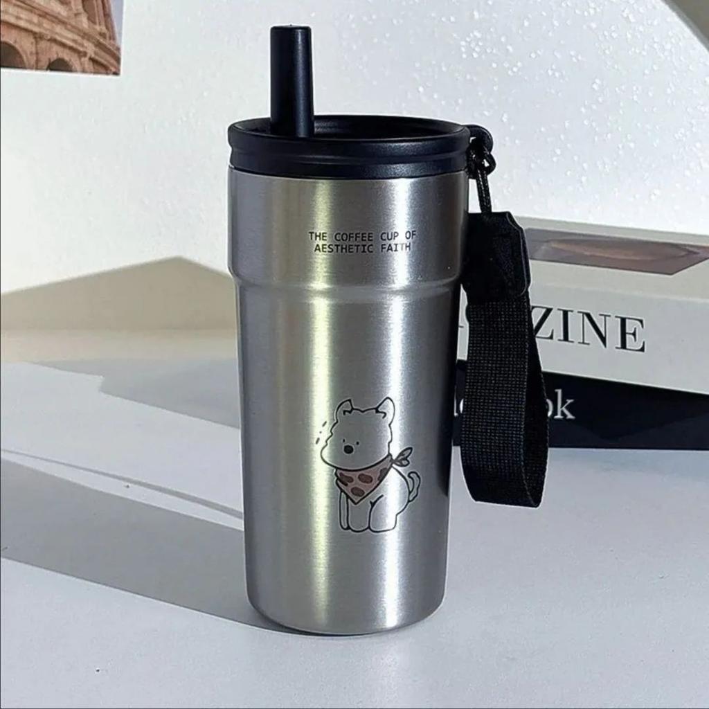 Aesthetic Stainless Steel Travel Mug With Straw — Grey