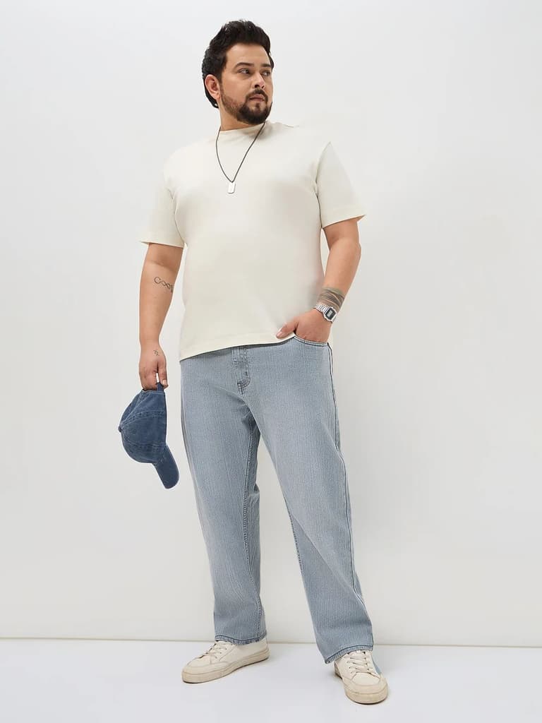 Plus Men's Light Grey Straight Fit Washed Denim Jeans Stretchable — photo 4