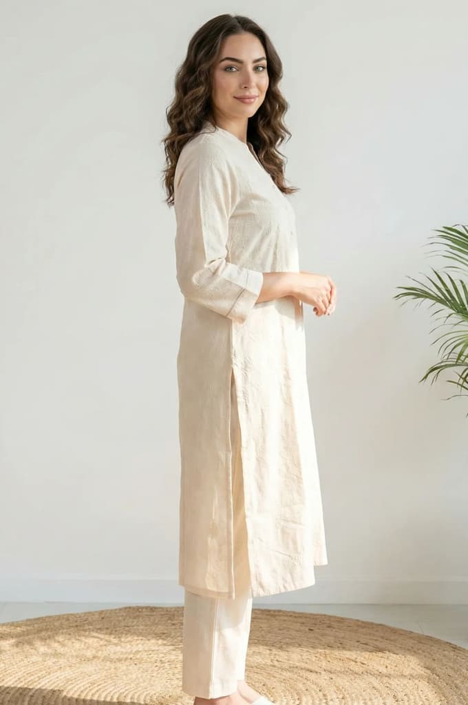 Off White Chikankari Rayon Straight Kurta with Pants Co-ord Set — photo 3