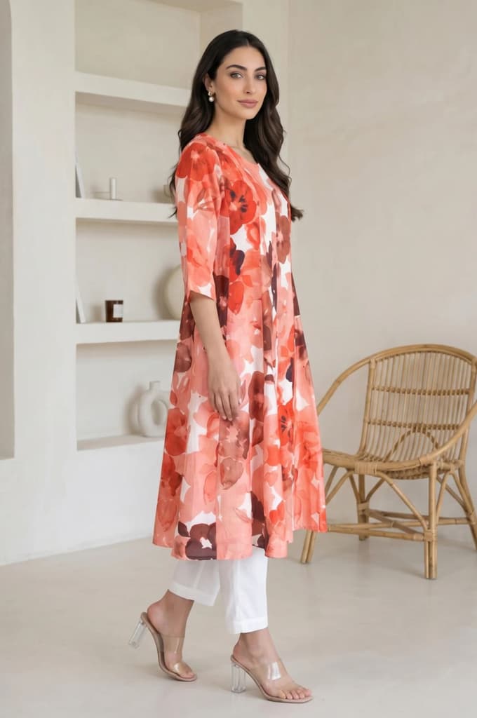 Peach Floral Printed Cotton Flax A-line Kurta — photo 6