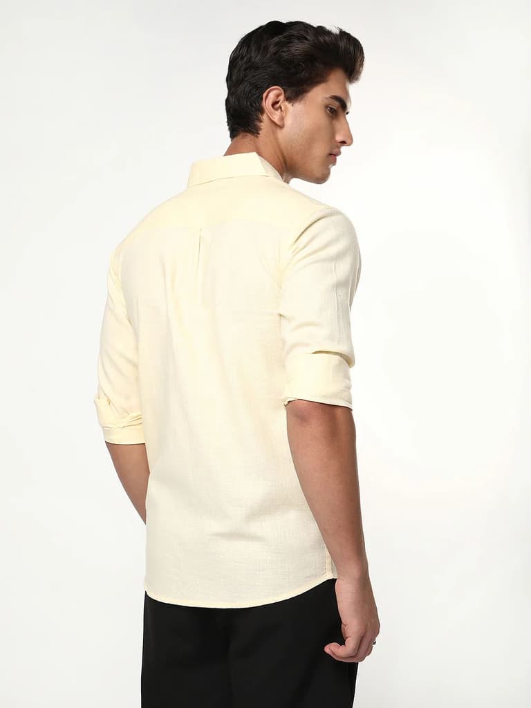 Men's Tender Yellow Linen Blend Full Sleeve Relaxed Fit Casual Solid Shirt — photo 3