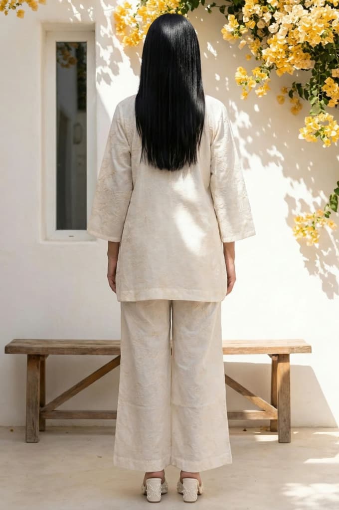 Off White Thread Embroidered Pure Cotton Straight Shirt and Parallel Pants Co-ord Set — photo 4