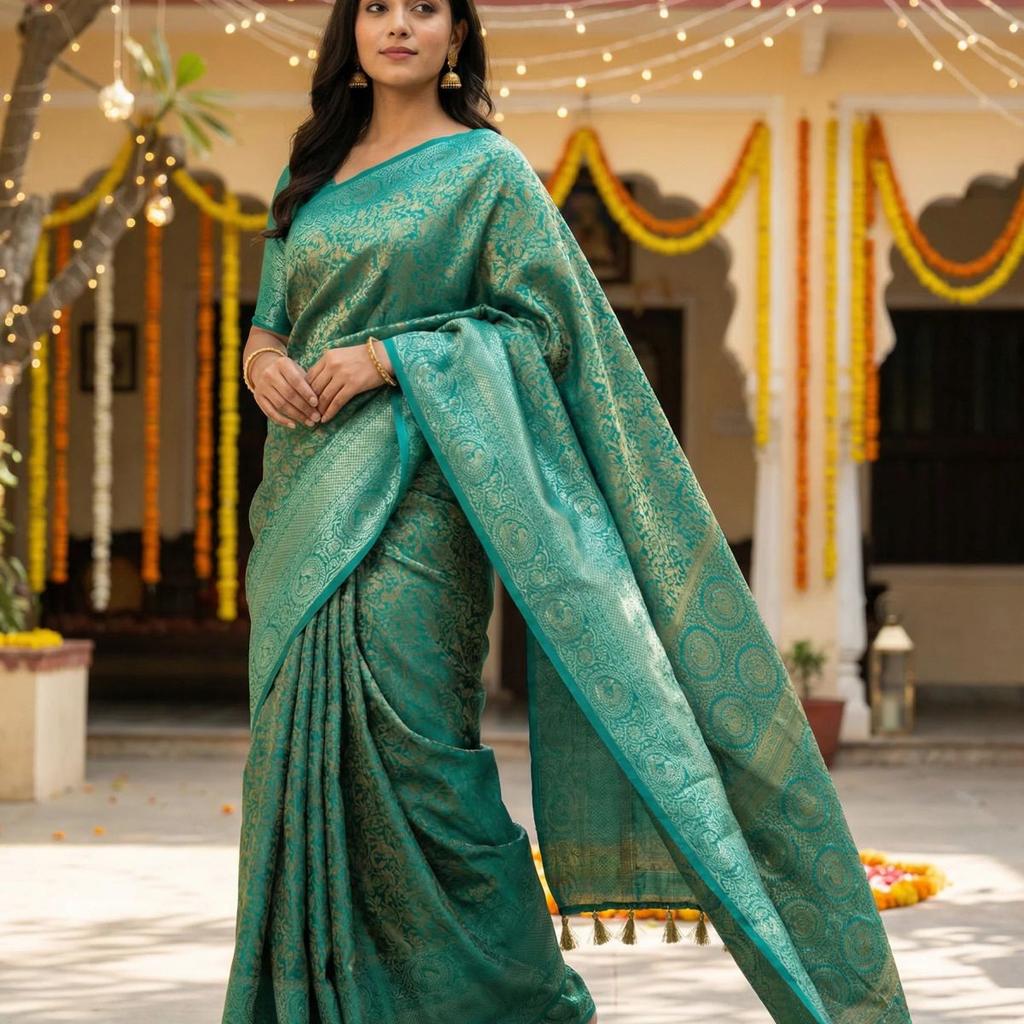 MIMOSA Women's Woven Design Banarasi Style Art Silk Saree with Blouse Piece - Saffire ( SA00003133SFFREE )