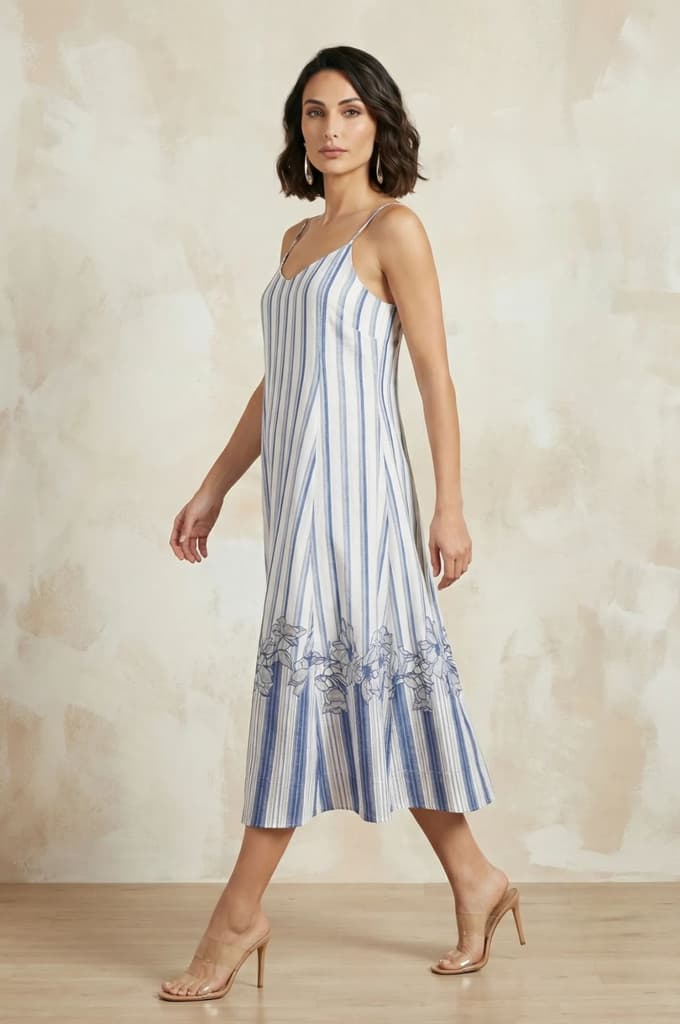 White Striped Floral Printed Noodle Straps Rayon A-line Western Dress — photo 4