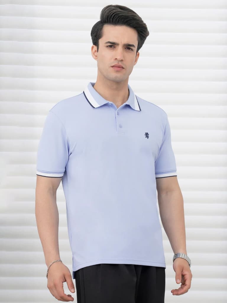 T Shirts for Men in Blue | Jacquard Collar Polo T Shirt