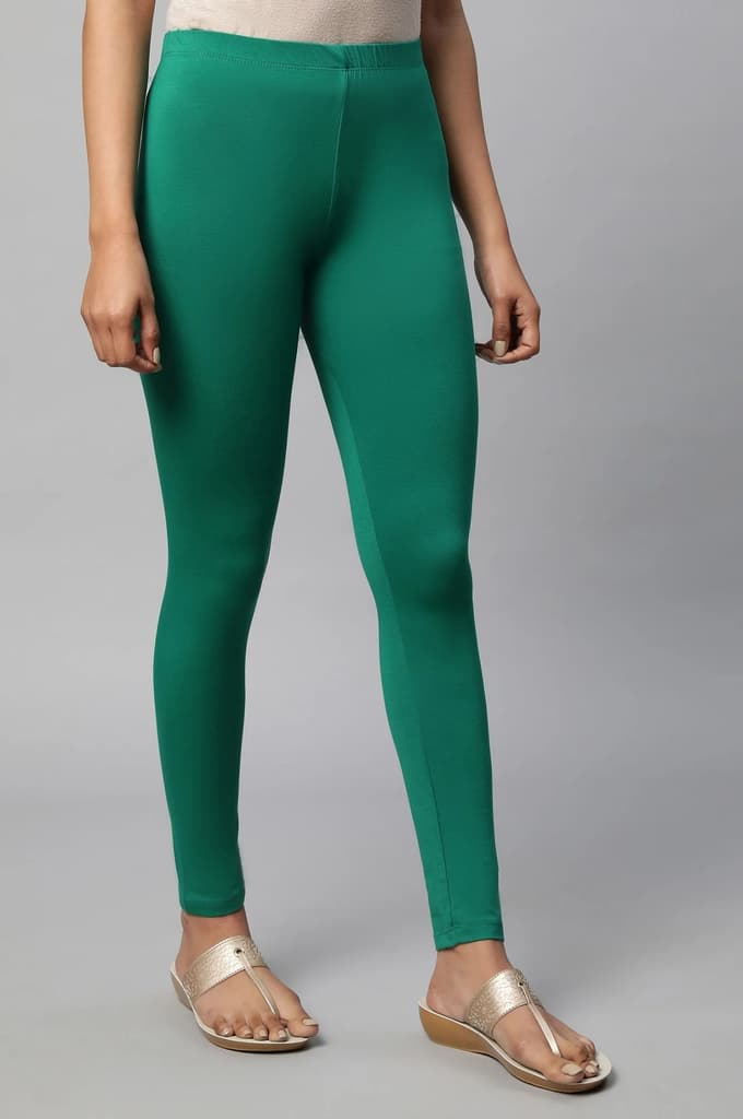 Green Solid Skinny Fit Cotton Tights With Elasticated Waist — photo 4