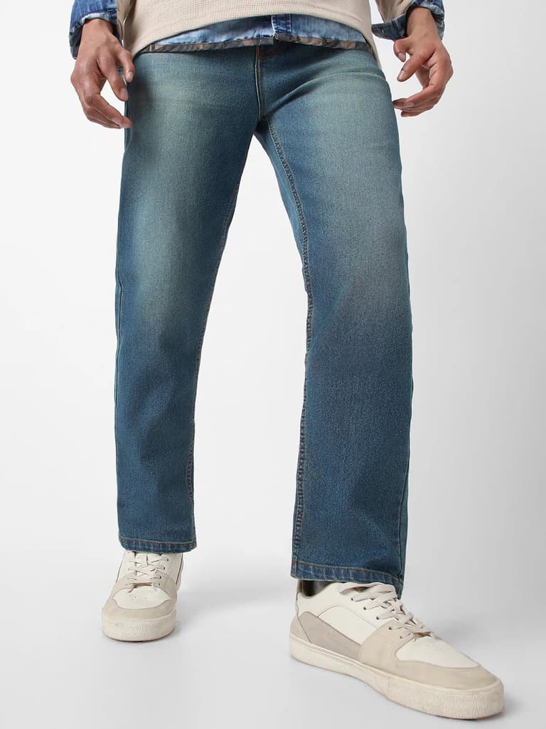 Men's Light Blue Straight Fit Washed Jeans Stretchable — 28 / Light Blue